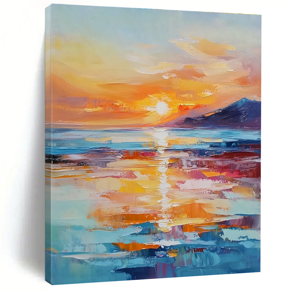 Large abstract painting of a sunset over the ocean with warm hues reflecting on the water and distant islands enhancing tranquility.STSC894