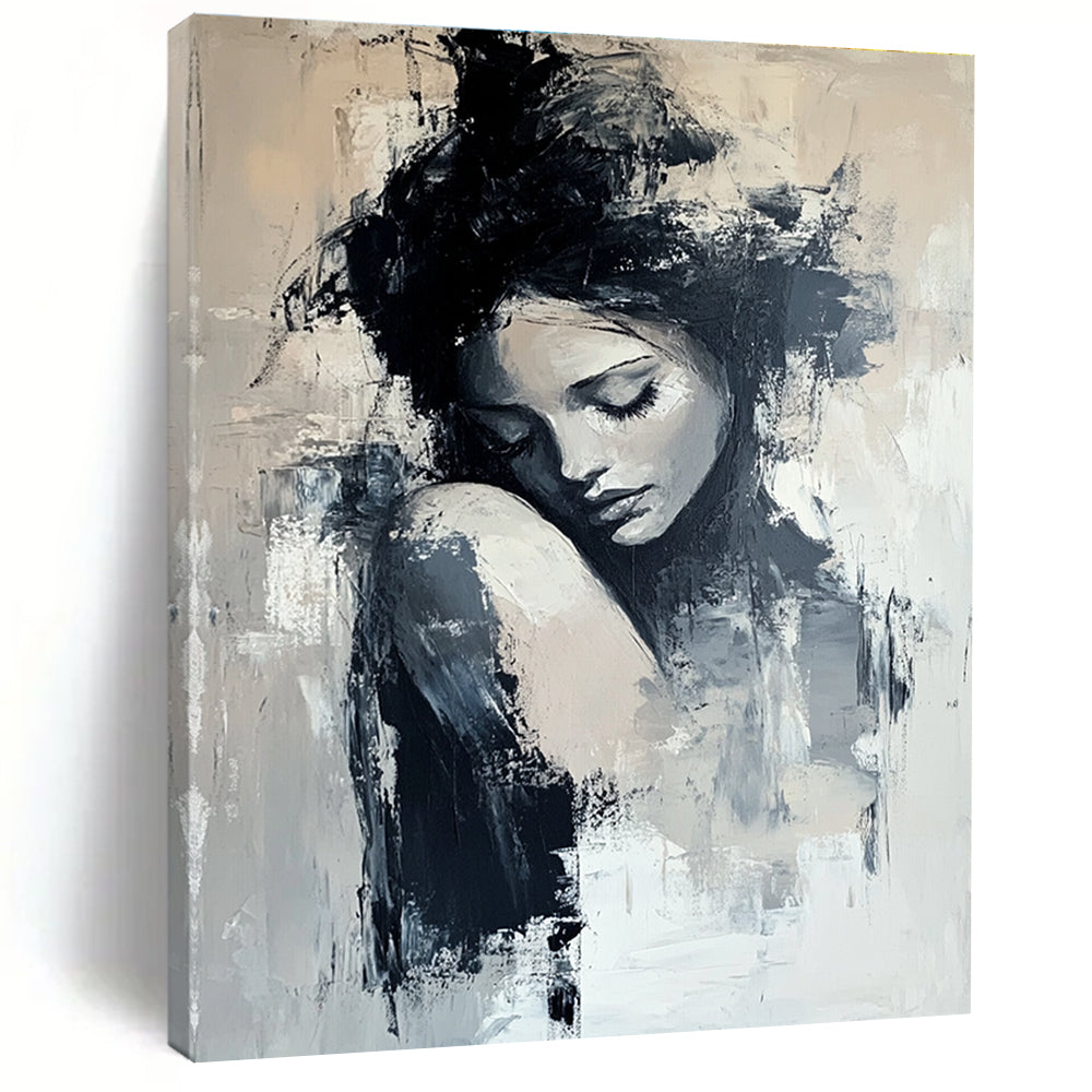 Large Abstract Painting Featuring A White Flower With Gold Accents Bold Brush Strokes And Neutral Colors Set Against A Black Background.STSC297