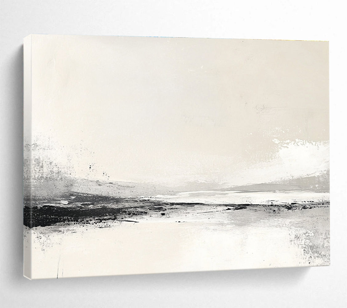 Large abstract painting inspired by the Arctic with neutral beige and grey tones creating a serene minimalist atmosphere.SC095