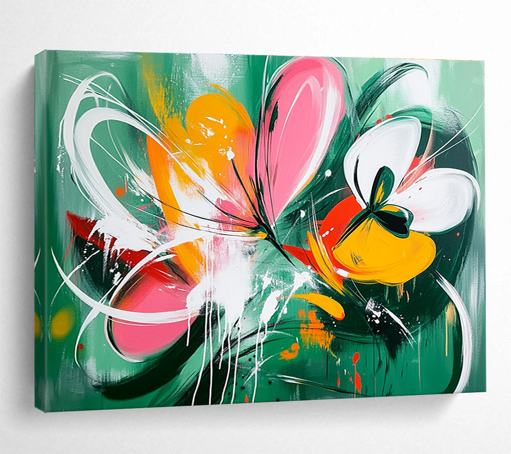 Large abstract painting of wildflowers with dynamic splashes and shapes in green pink yellow and orange accented by white lines and butterflies.SC207