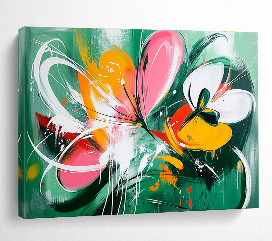 Large abstract painting of wildflowers with dynamic splashes and shapes in green pink yellow and orange accented by white lines and butterflies.SC207