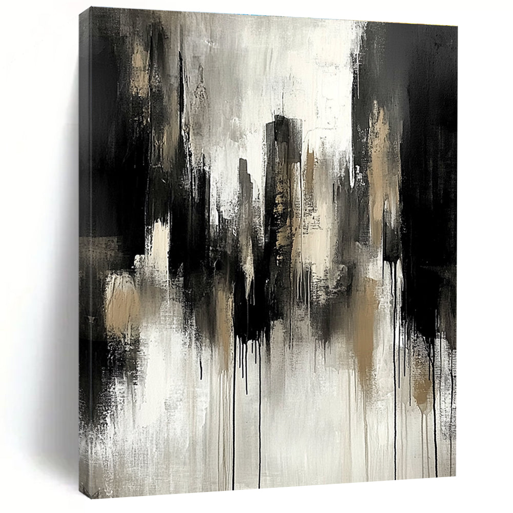 Abstract painting featuring neutral tones of grey and black with urban landscape elements and dramatic mood, enhanced by soft lighting and paint drips.STSC250