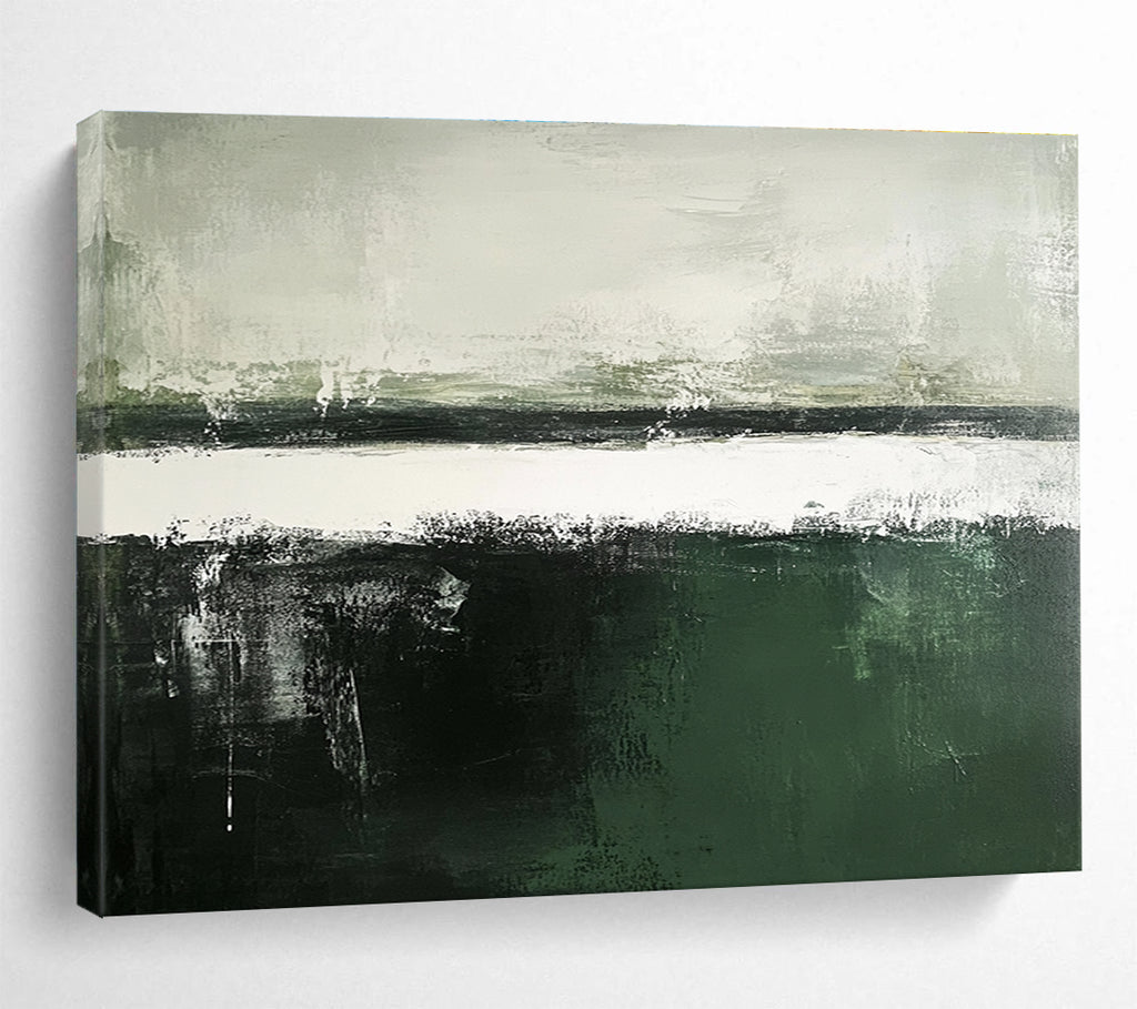 Large abstract painting in dark green and gray tones features a white sky and dark gray sea, showcasing subtle textures in a minimalistic composition.SC054