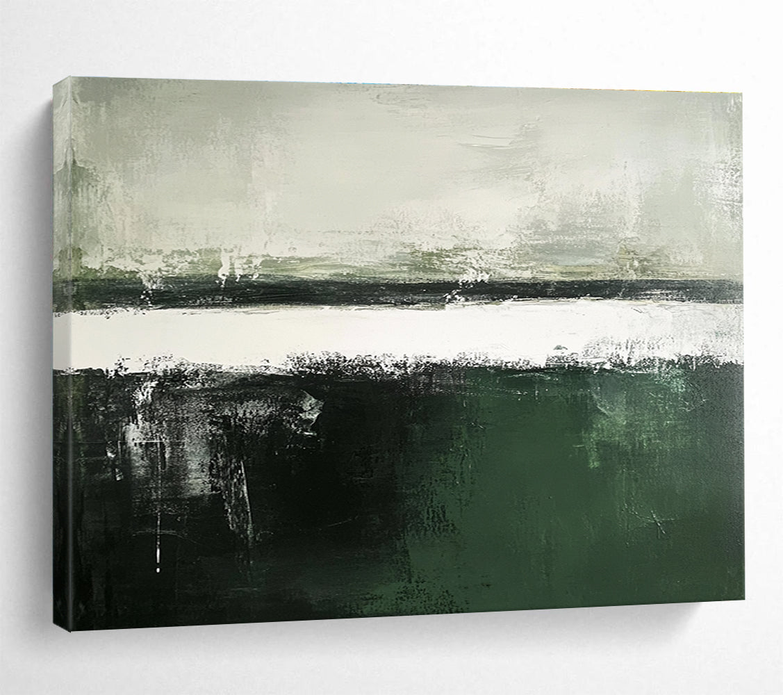 Large abstract painting in dark green and gray tones features a white sky and dark gray sea, showcasing subtle textures in a minimalistic composition.SC054