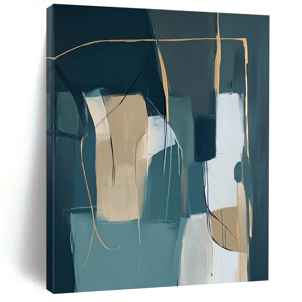 Teal and Beige Abstract Painting with Geometric Lines GER463