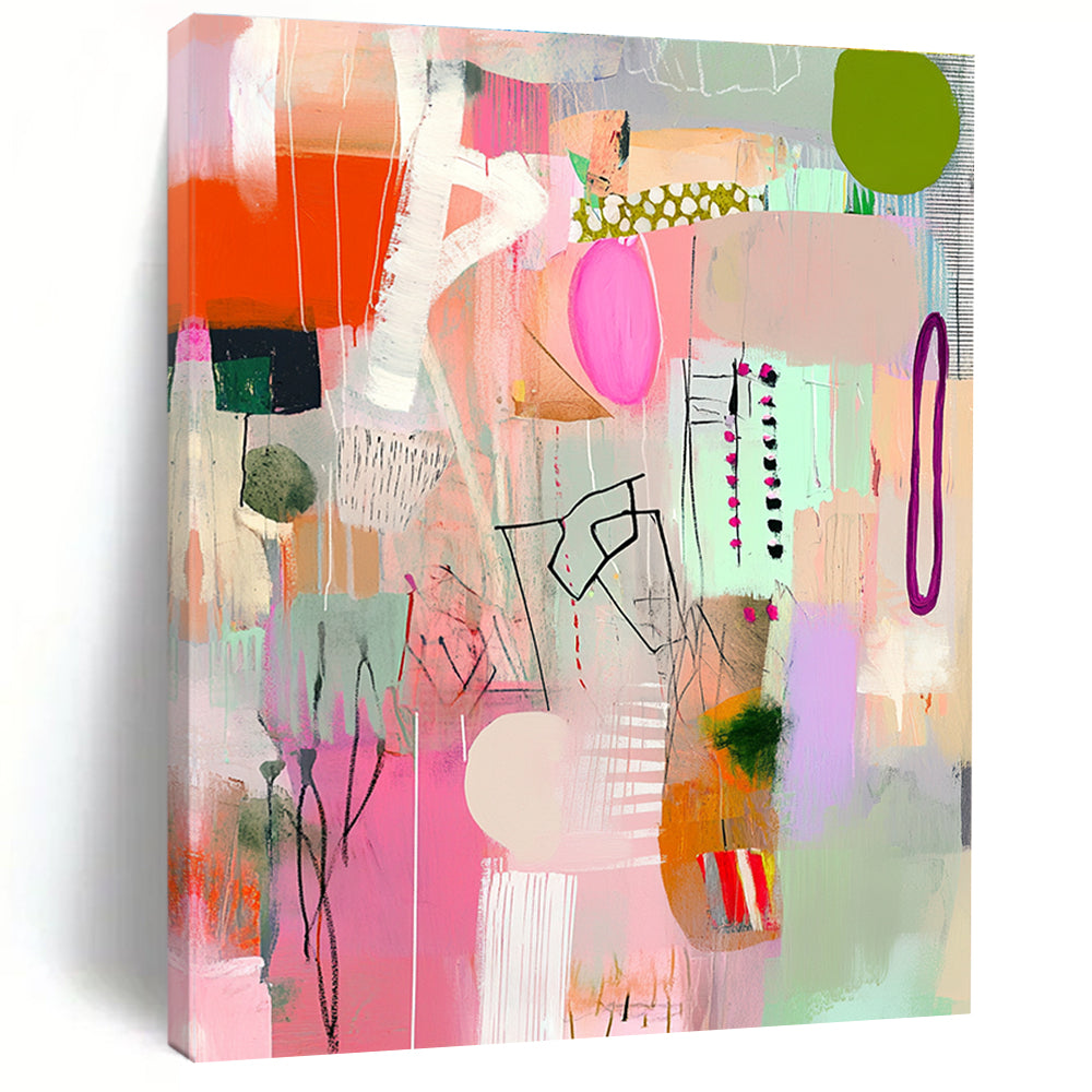 Large abstract painting in pink and green with playful textures stripes and shapes creating a joyful celebration atmosphere perfect for any space.STSC1040