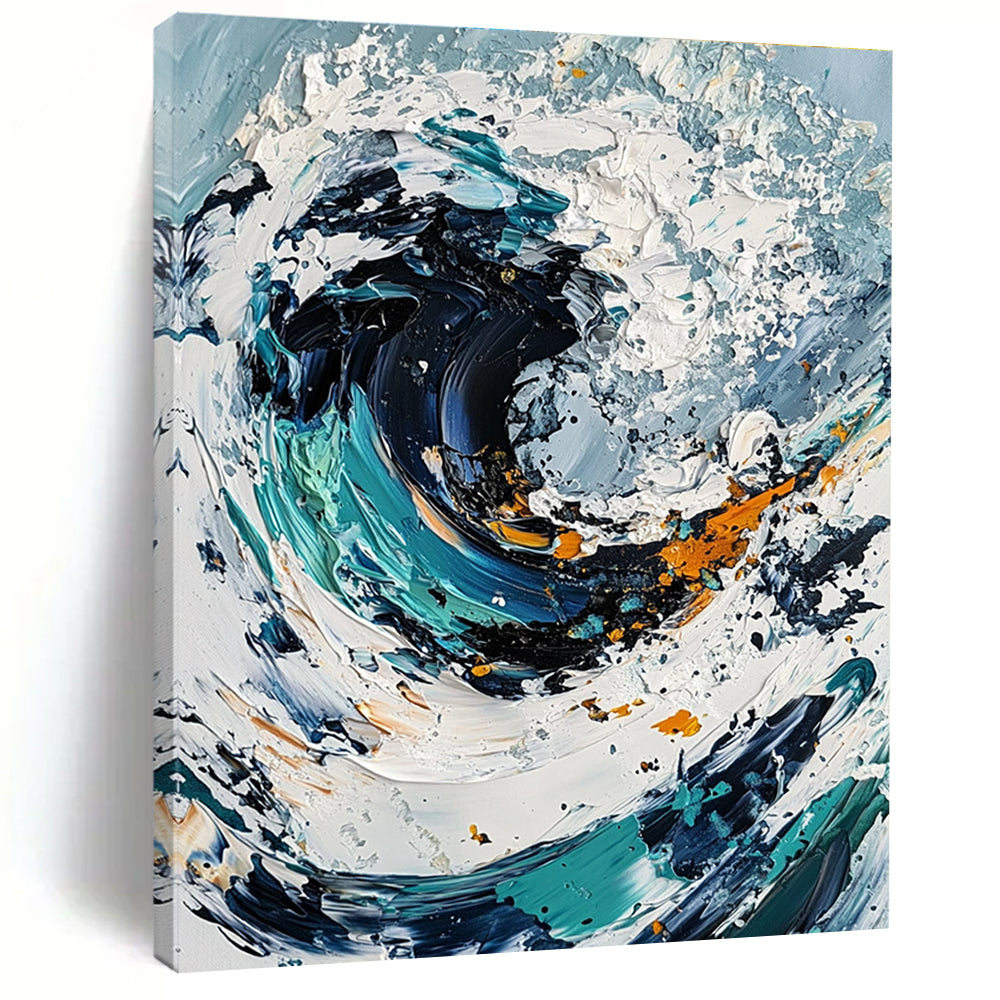 Large abstract painting of an ocean wave in white and blue tones with black center and colorful details created using a palette knife on canvas.STSC263