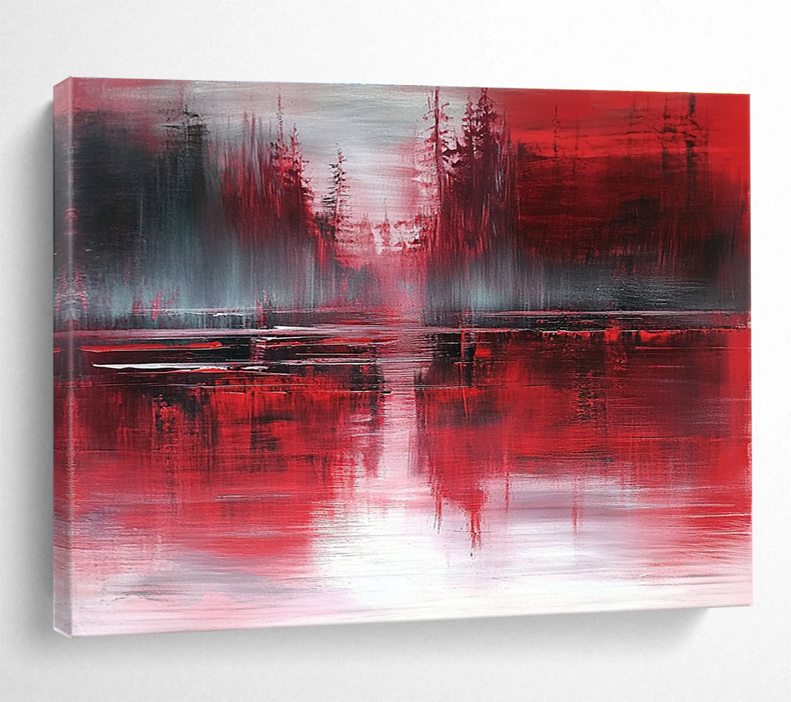 Large abstract painting featuring atmospheric landscape in red and gray tones with reflective water inspired by expressionist style of Richard L. Short.SC155