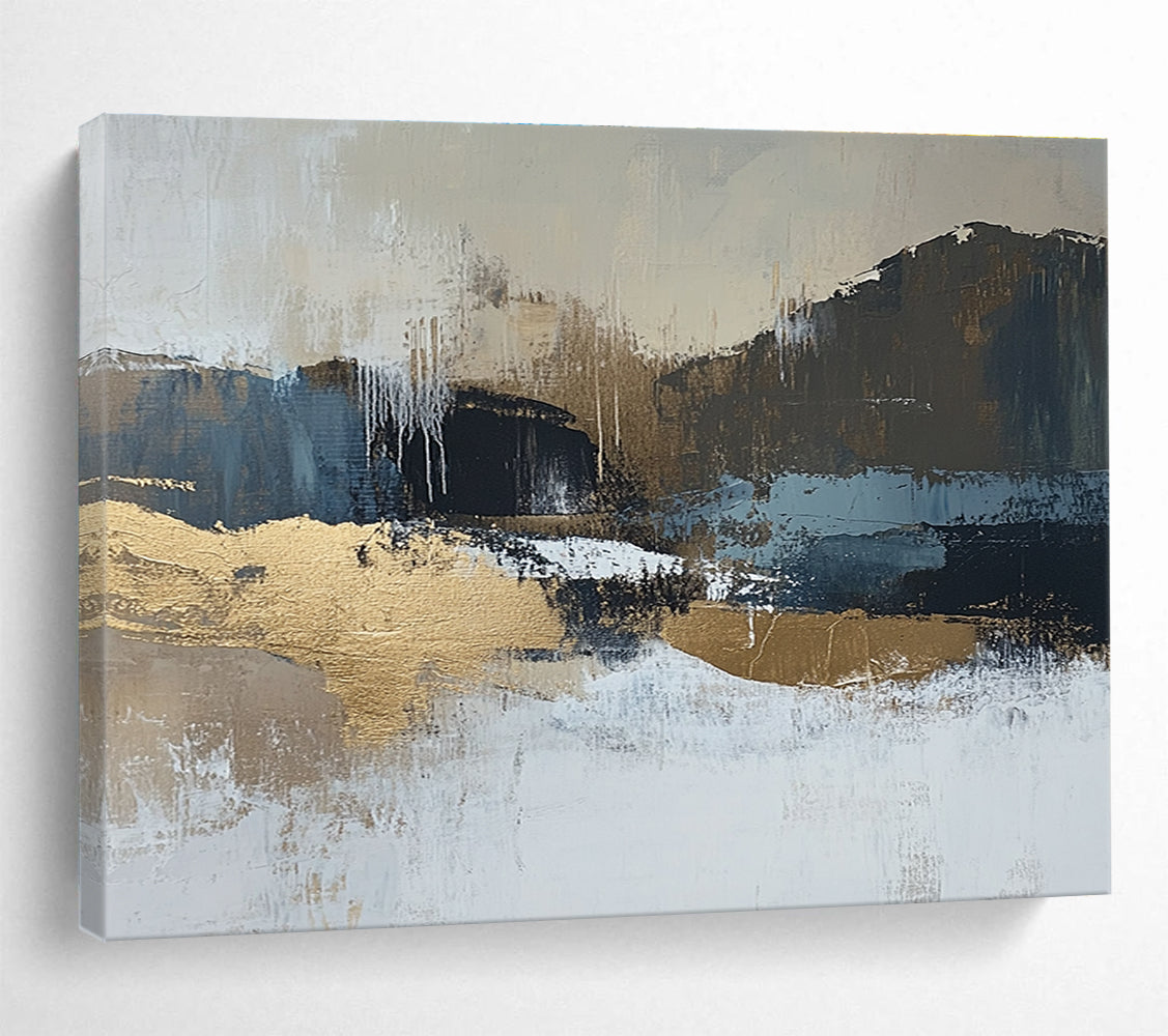 Large abstract painting in beige and dark blue tones with gold accents showcasing a minimalist winter landscape in a neutral color palette.SC226