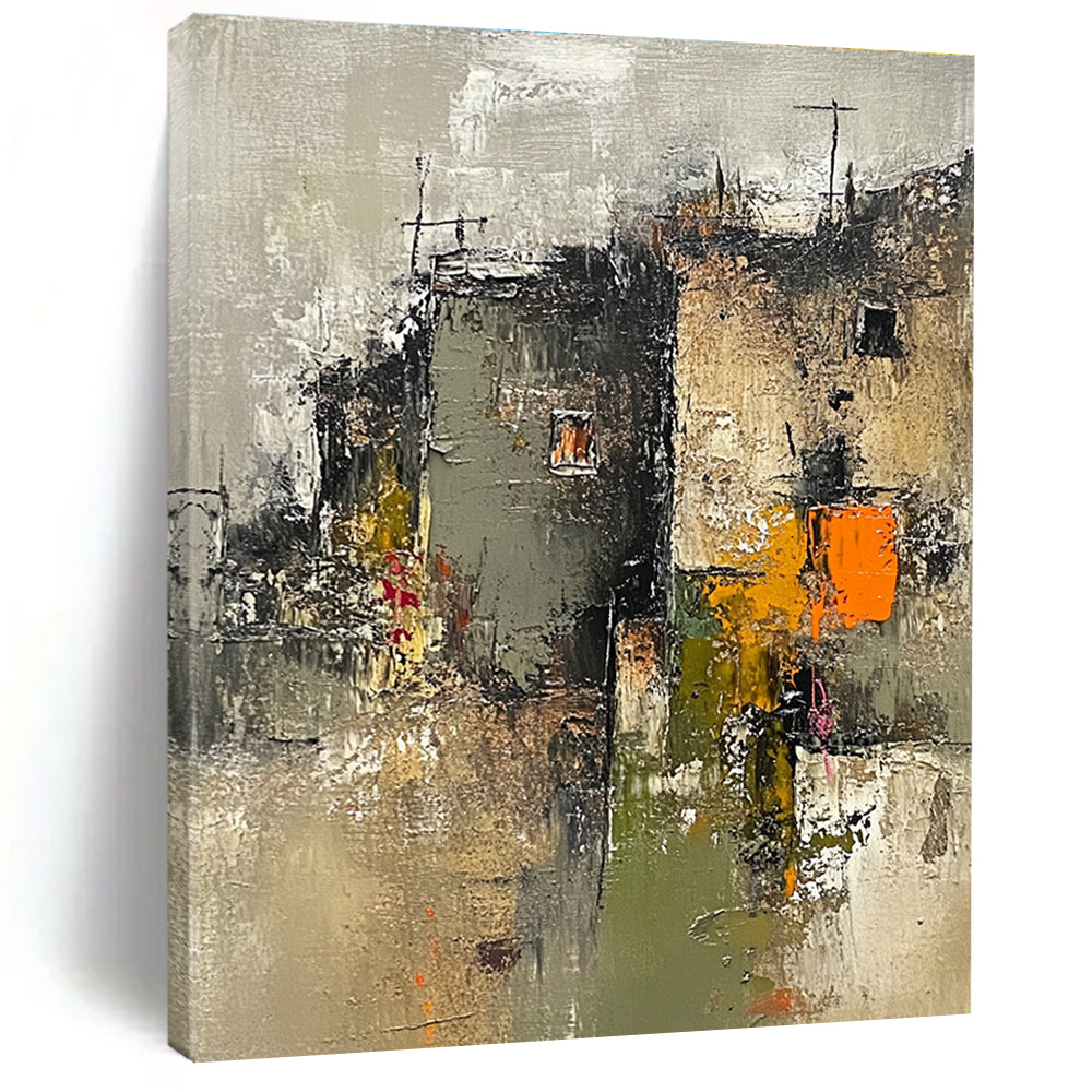 Large abstract painting of an old town with neutral grays greens beige orange and pink accents featuring loose brush strokes and a wabi-sabi aesthetic.STSC659