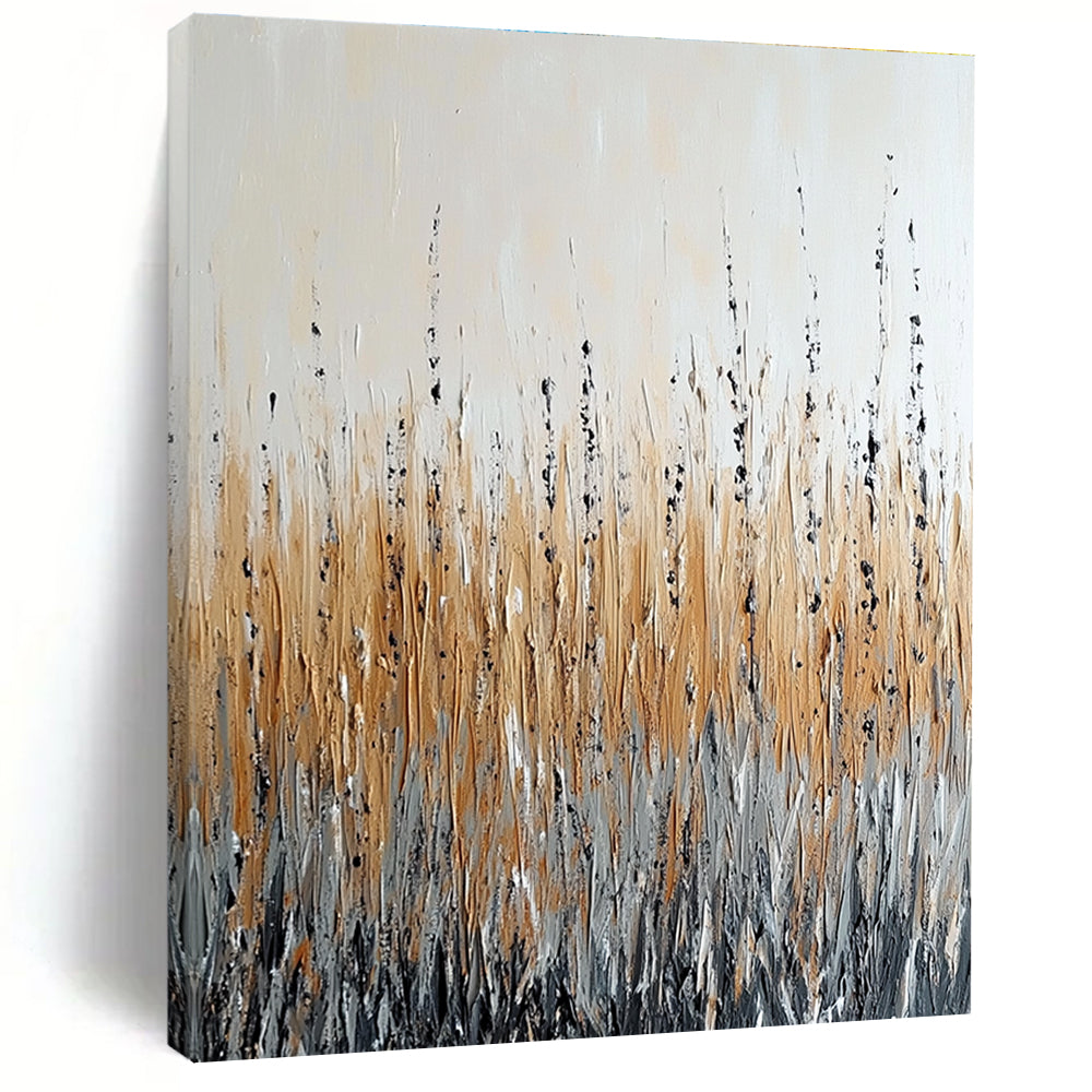 Large abstract painting depicting a field with tall grass in beige and grey tones featuring black accents and a rain effect on a white background.STSC284