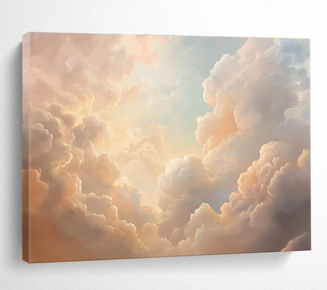 A stunning abstract oil painting featuring beautiful clouds in pink and peach tones, creating an ethereal atmosphere with soft light.SC406
