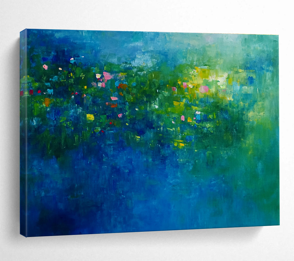 An abstract painting of an underwater garden with vibrant blues and greens featuring aquatic plants and small fish creates serene nature's dance.SC339
