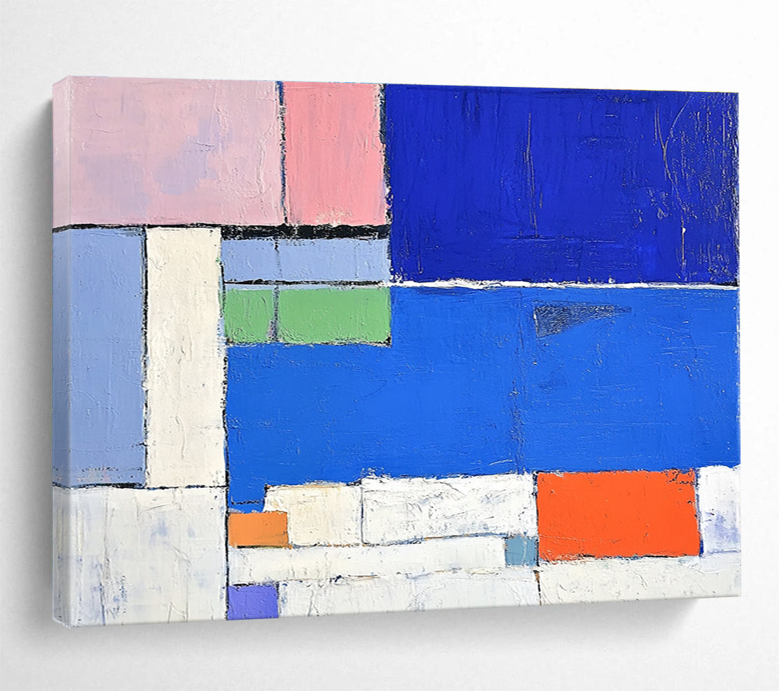 Large abstract painting featuring a vibrant blue sea white beach and colorful hotel with thick brush strokes and geometric shapes.SC169