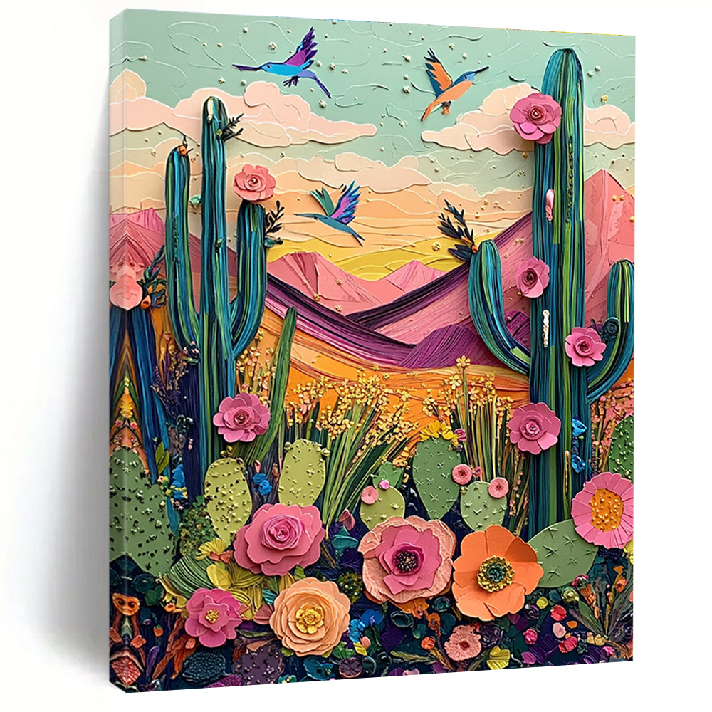Large abstract artwork featuring a vibrant desert landscape with cacti mountains birds and blooming flowers in colorful pastels and intricate textures.STSC1426