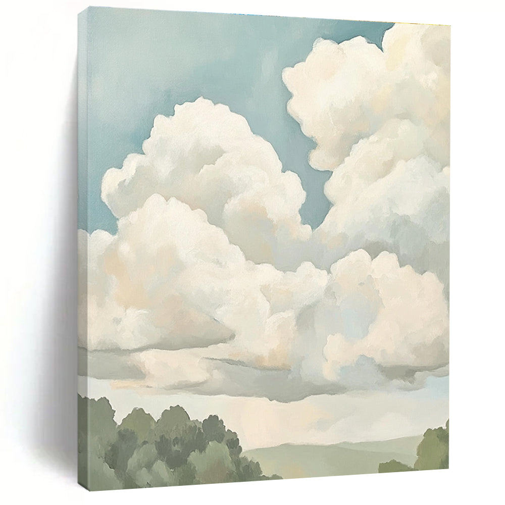 Large abstract painting featuring soft clouds in muted colors and neutral tones, creating a calming and serene atmosphere.STSC1395