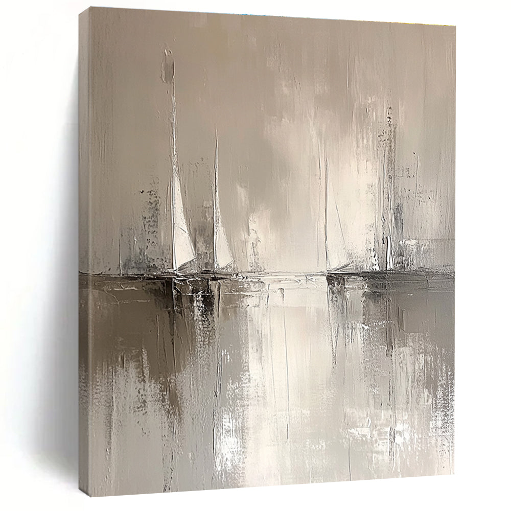 Large abstract painting in minimalist style features sailboats on the horizon with soft water reflections in neutral tones of white and grey.STSC231