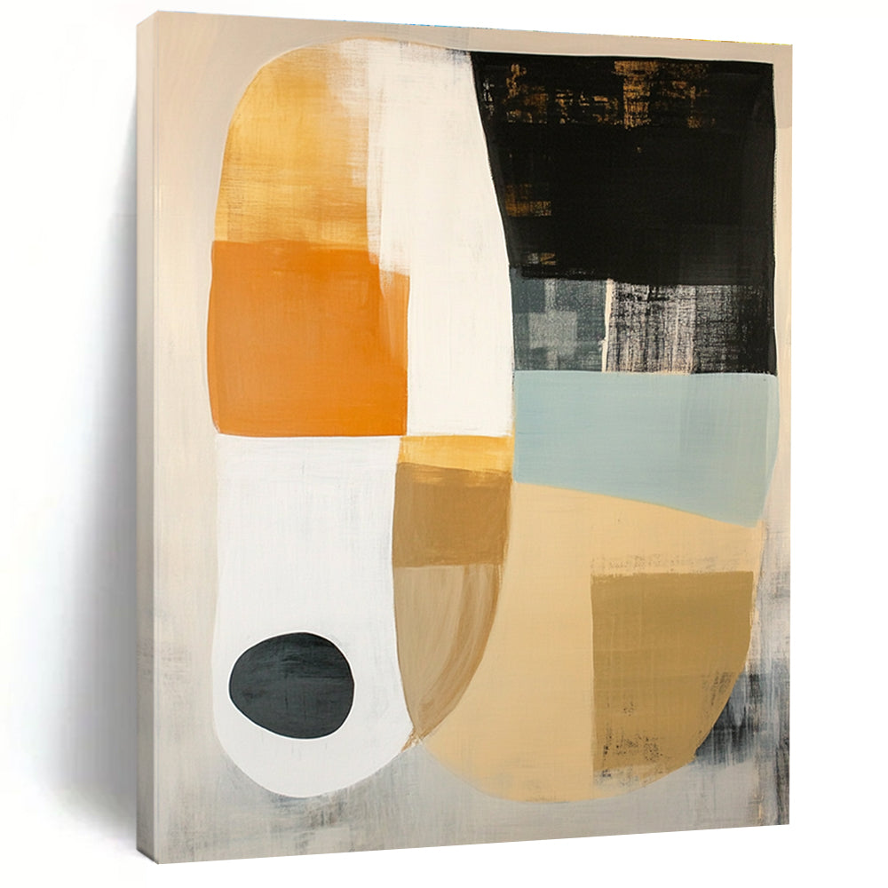 Large abstract painting featuring white beige and black shapes on soft gray with orange circle and light blue oval accents.STSC762