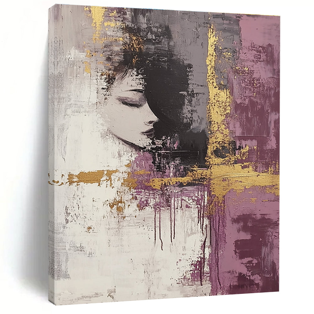 Large abstract art painting featuring dark gray and mauve tones accented with gold and neutral hues to enhance any modern space.STSC009