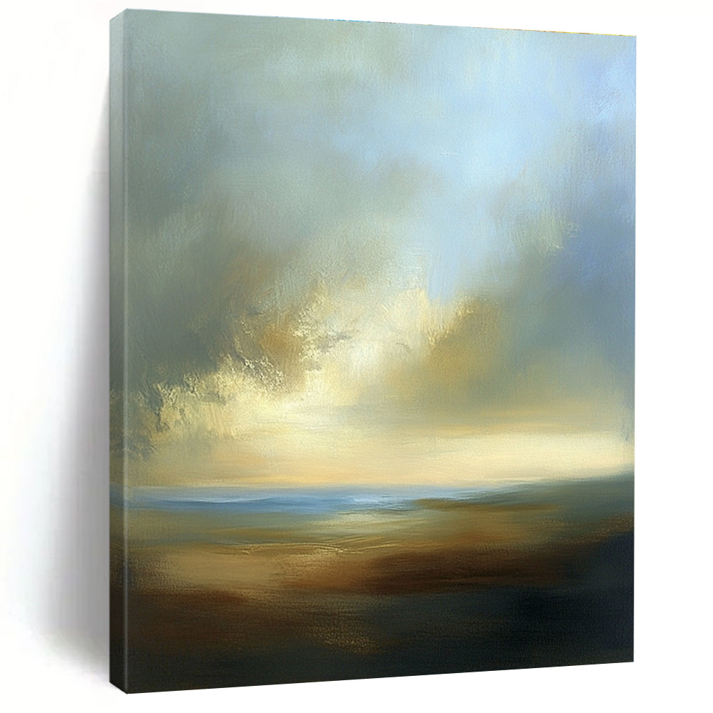 Large abstract painting depicting a dreamy sky with soft blues browns whites and beige clouds over a serene horizon at sea level.STSC886