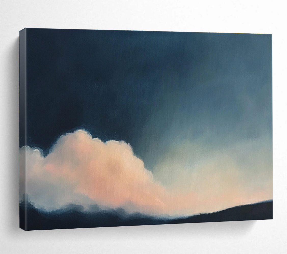 A large abstract painting of clouds in soft pink and dark blue, inspired by Cecily Mary Barker's atmospheric style.SC408