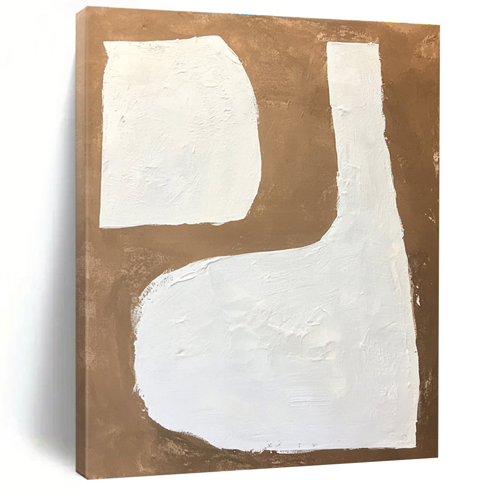 Large abstract painting featuring white shapes on a brown background with textured brushstrokes in a minimalistic style.STSC1484