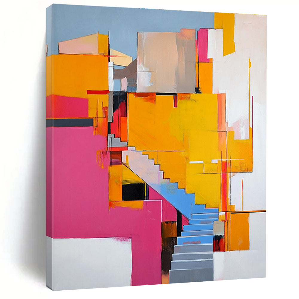 Abstract painting featuring vibrant pink yellow and orange architectural elements with stairs and ample white space around it.STSC668