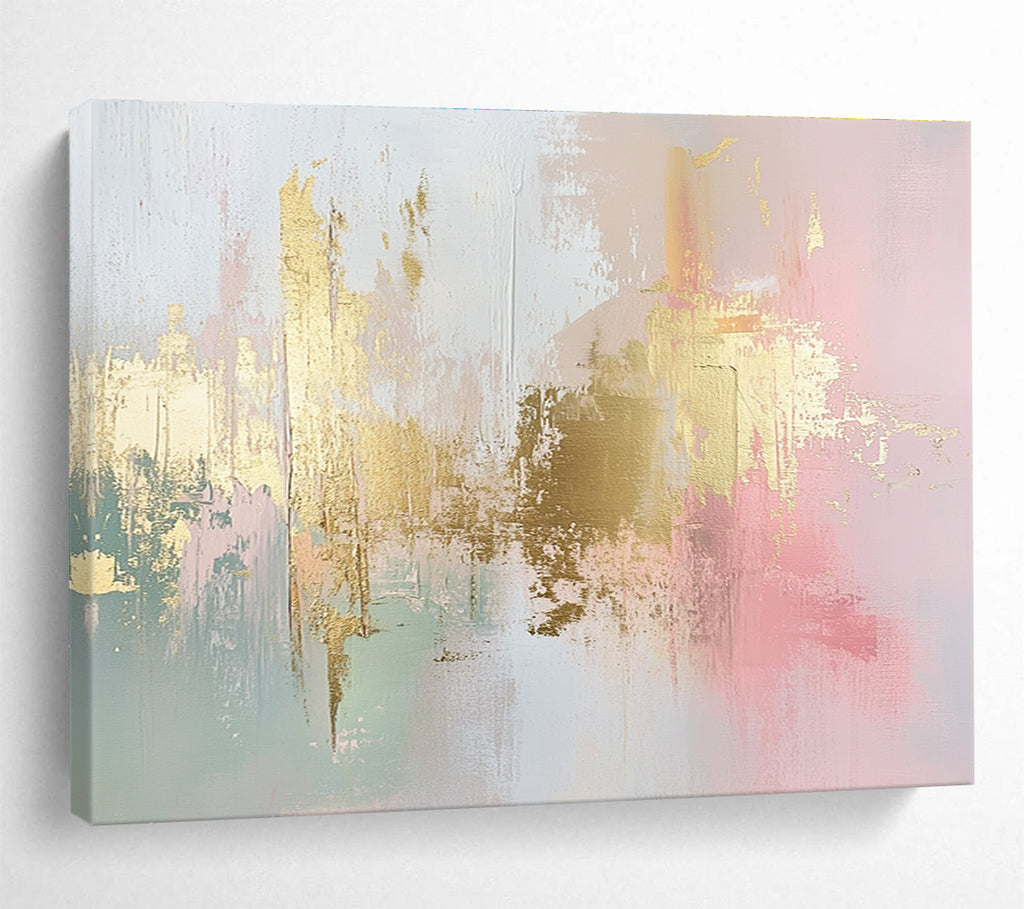 Large abstract painting in soft pink, white, and gold with hints of light green and neutral tones, featuring dynamic brush strokes and a modern art style.SC283