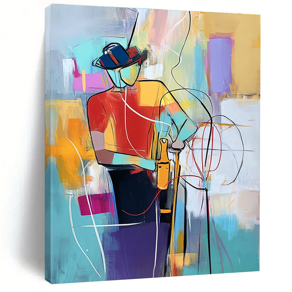 Large abstract painting of an electrician with vibrant colors dynamic lines and geometric patterns showcasing energy and creativity in the craft.STSC554