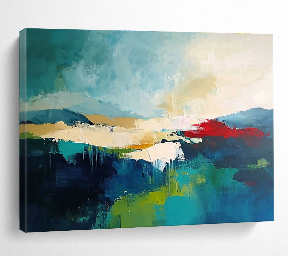 Large abstract painting featuring a dark sky-blue and light emerald green palette with beige and red accents on a soft neutral background.SC087