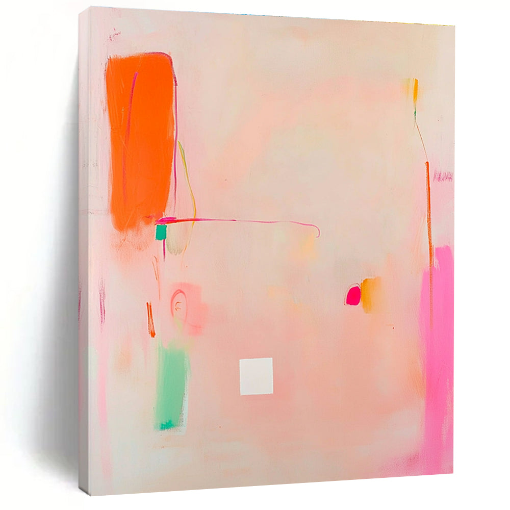 Abstract painting featuring light pink and orange tones with a central white square and soft doodle-like shapes in the corner.STSC770