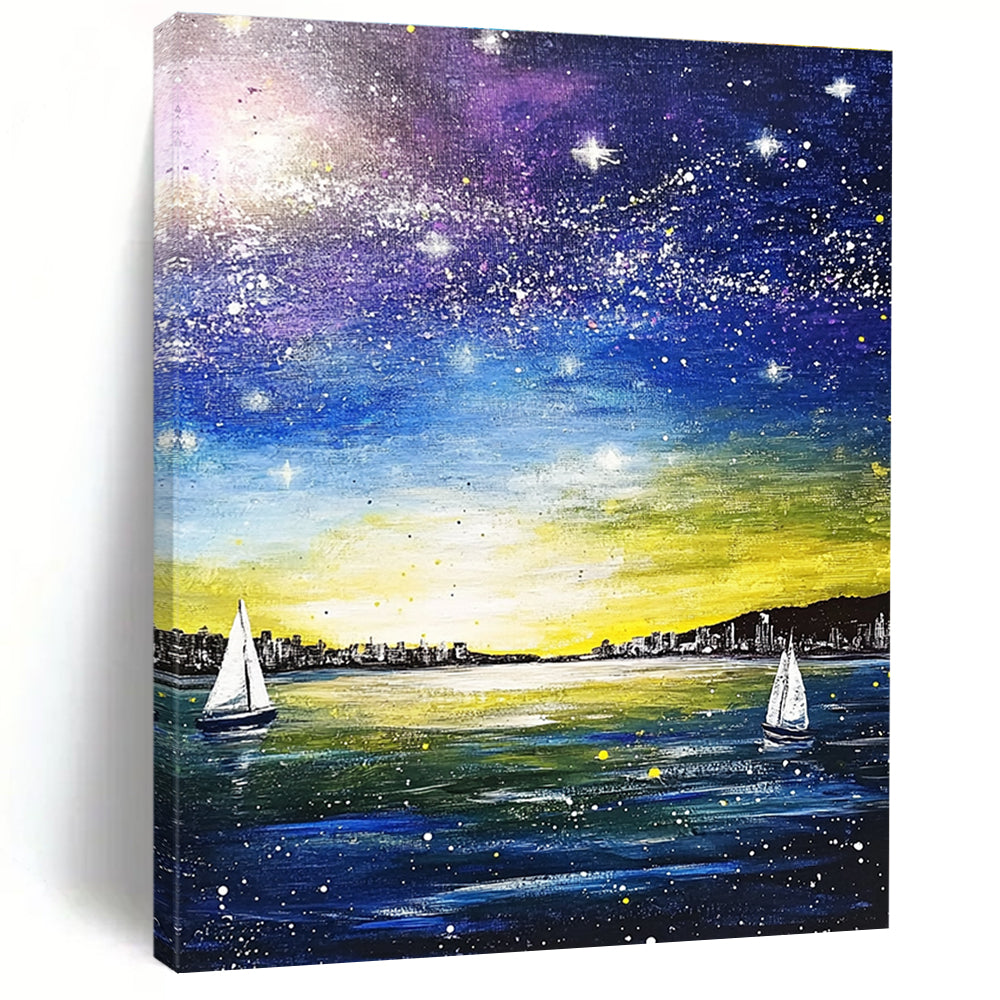 A large abstract painting featuring a blue sea and sky, white stars, sailboats, and a city silhouette using yellow, purple, green, and navy colors.STSC848