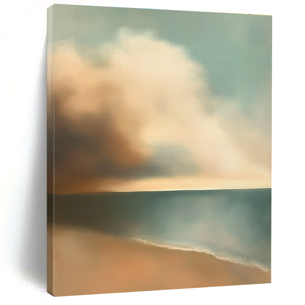 Large abstract oil painting of muted pastel colors depicting clouds and sky over the ocean inspired by Edward Hopper with earthy tones.STSC596