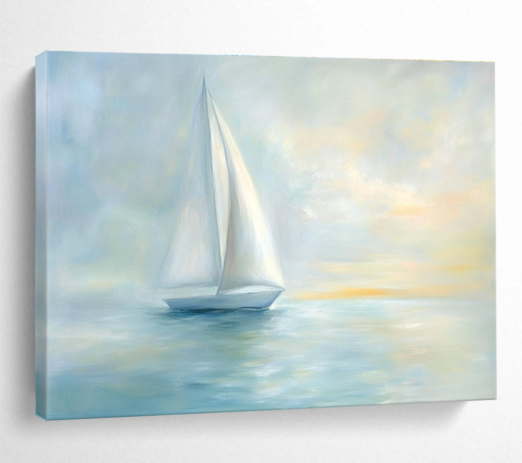 A large abstract painting of serene sea with elegant sailboat and soft pastel colors creating a tranquil Impressionist atmosphere.SC547