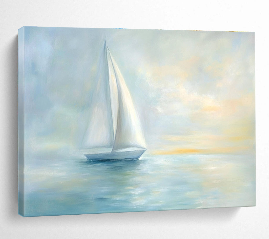 A large abstract painting of serene sea with elegant sailboat and soft pastel colors creating a tranquil Impressionist atmosphere.SC547