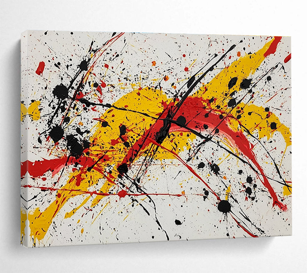 Large abstract painting featuring vibrant red yellow and black splashes evoking energy and freedom through dynamic brushstrokes and harmonious chaos.SC570