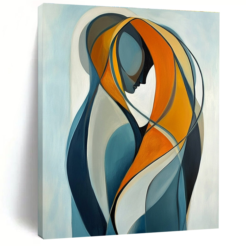 Large abstract painting of two intertwined figures in vibrant orange and yellow against a light blue background emphasizing connection and softness.STSC1143