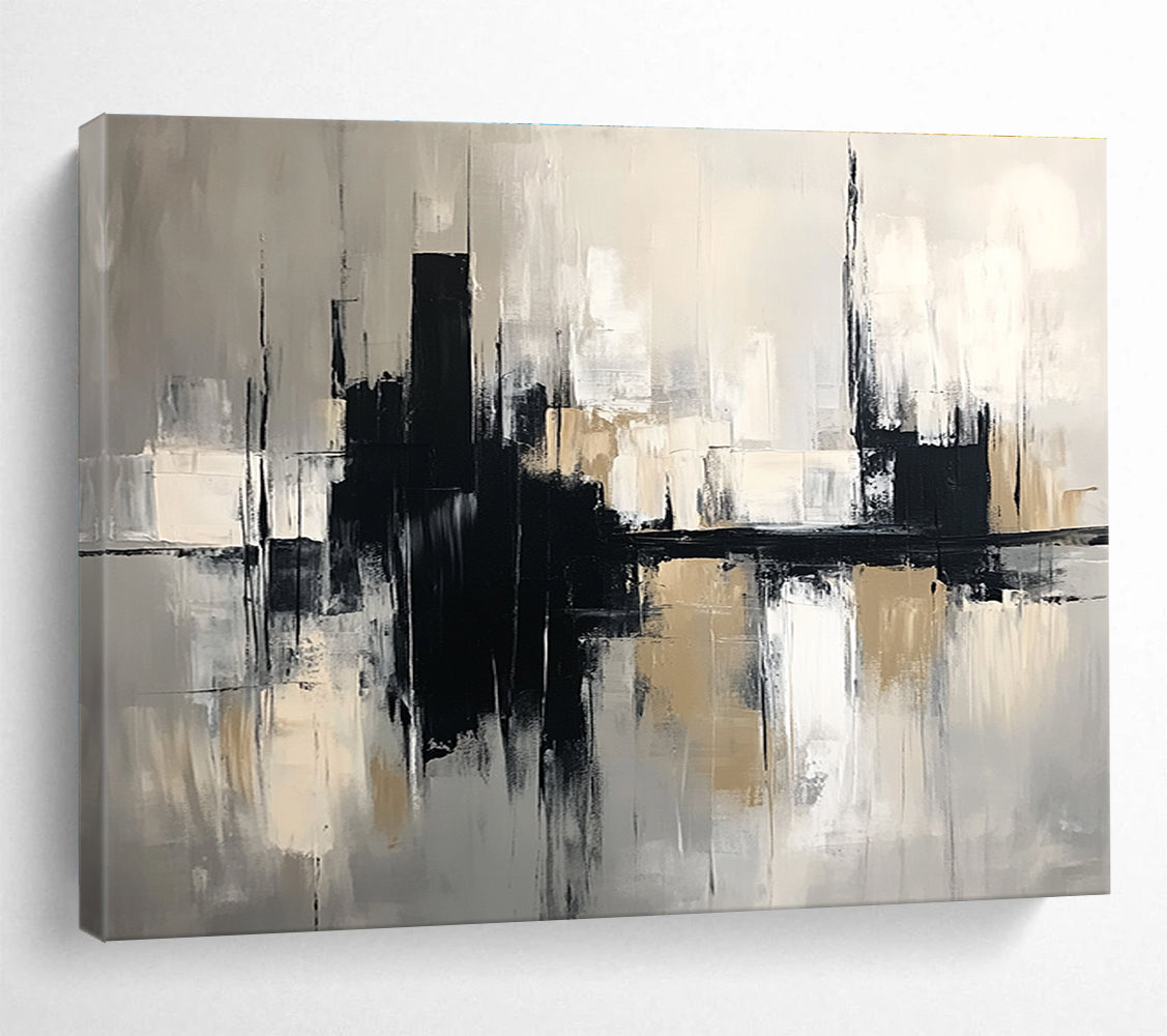 Large abstract painting in black and beige tones featuring bold brush strokes, set against a grey cityscape background, crafted in oil on canvas.SC017