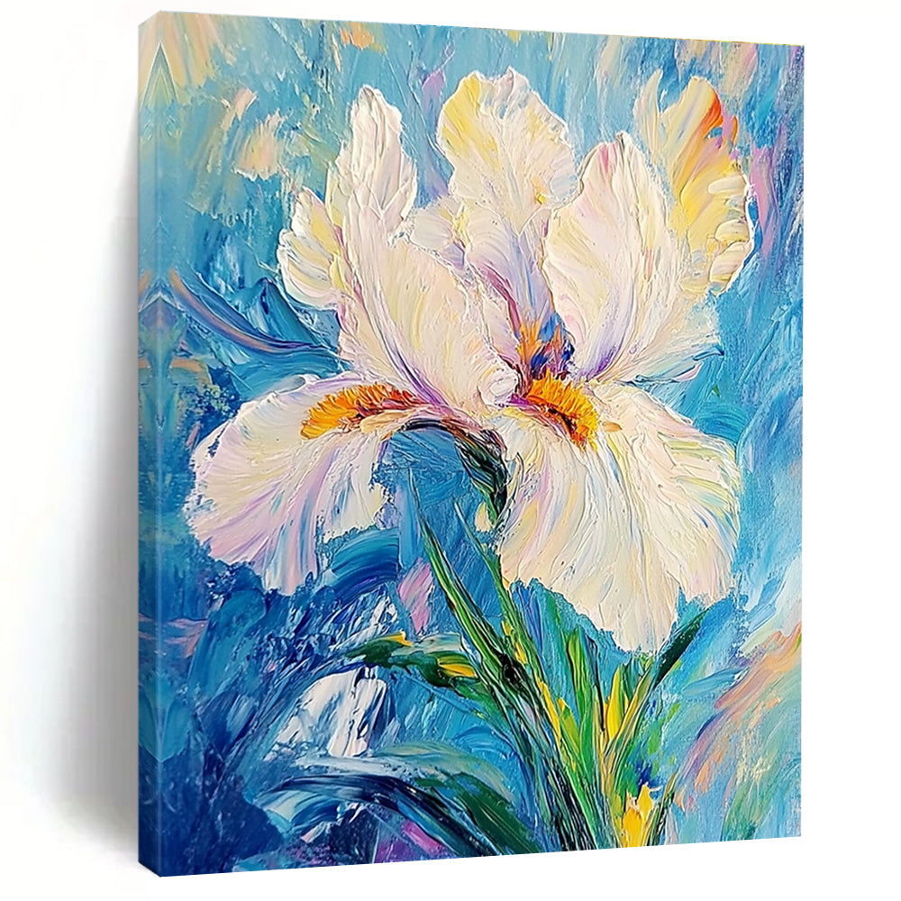 Abstract painting featuring a white iris flower on a blue background with delicate petals vibrant hues and a tranquil elegant composition.STSC1384