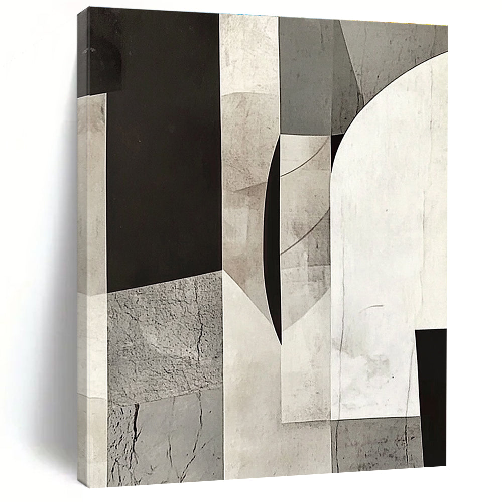 Gray and Black Geometric Collage Abstract Painting with Layered Textures GER014
