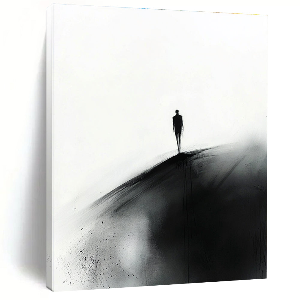 Abstract painting featuring a small silhouette of a man in black walking towards the viewer on a hill against a white ink wash background.STSC1349