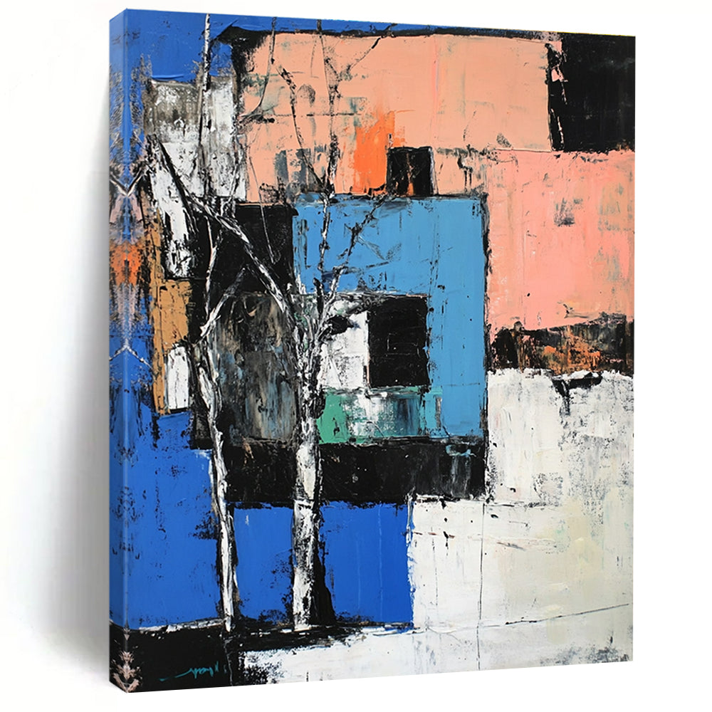 Large abstract painting of a building in blue peach and white inspired by expressive styles of John Marin and Richard Diebenkorn.STSC1108