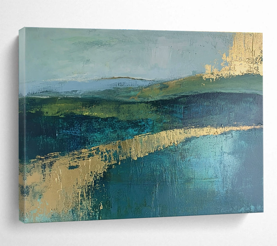Green and Blue Abstract Landscape Painting with Gold Strokes DYP473