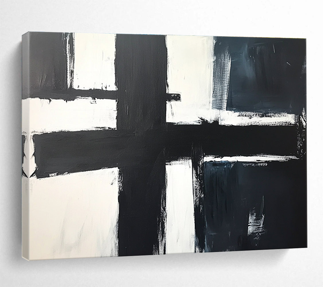 Large abstract painting in black and white featuring a central cross, inspired by John Blackwood, simple modern aesthetic with bold strokes.SC018
