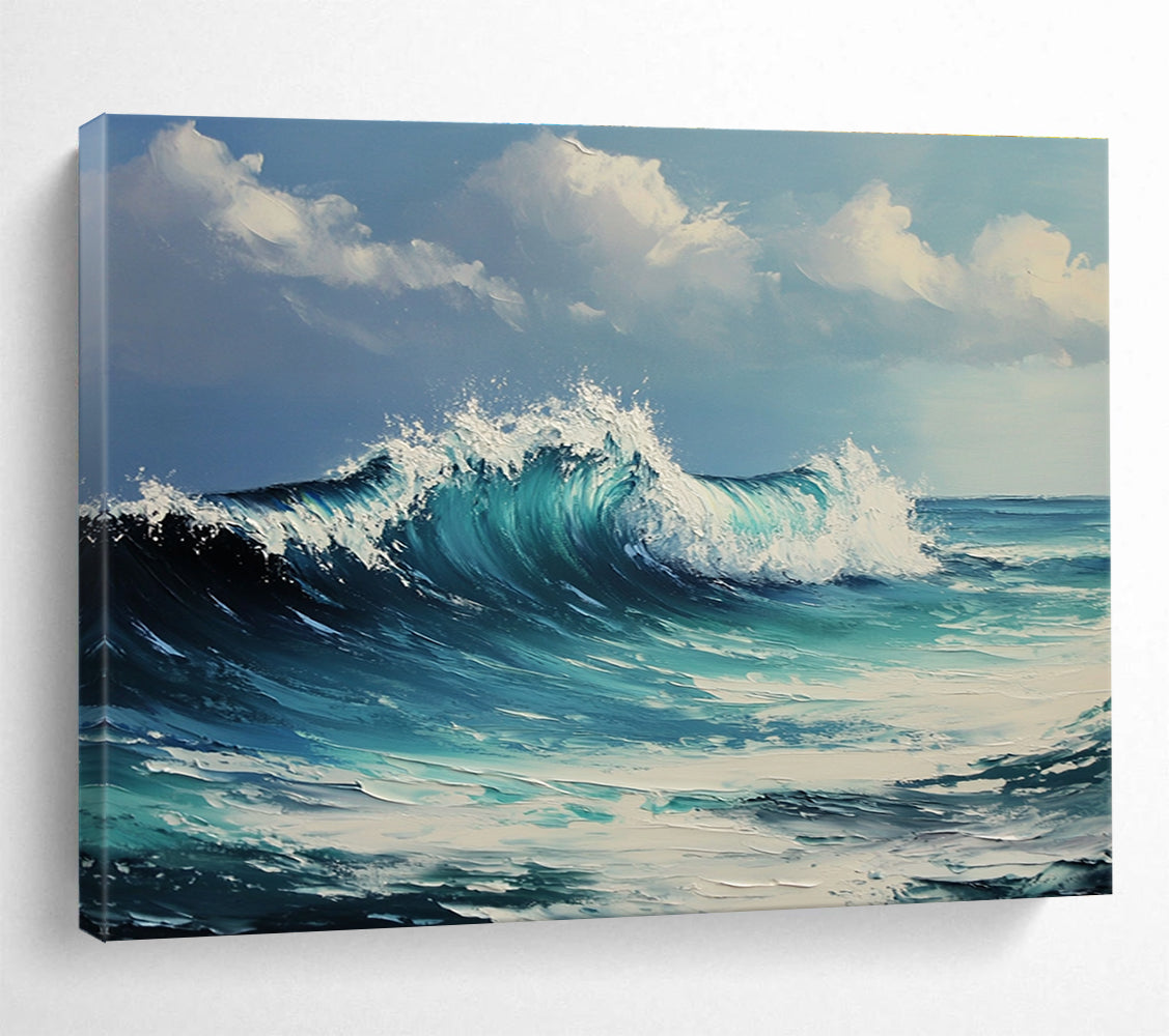 Large abstract oil painting of ocean waves capturing dynamic movement and vibrant colors in the style of Greg Rutkowski for inspiring decor.SC602