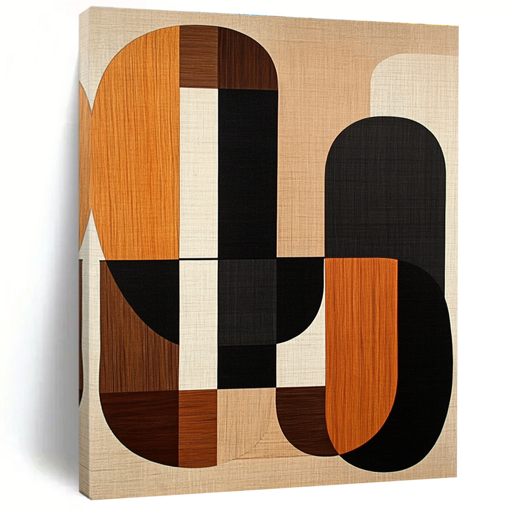 Large abstract artwork featuring mid-century modern shapes in earth tones with wood grain and black lines on a beige background.STSC1319