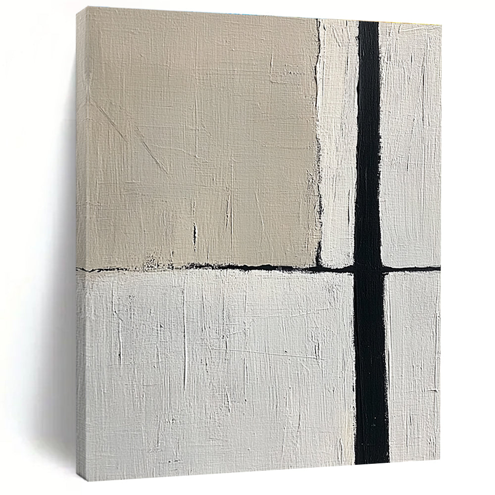 Large abstract painting featuring a minimalistic design with an empty space and a single black vertical line in beige and gray tones.STSC260
