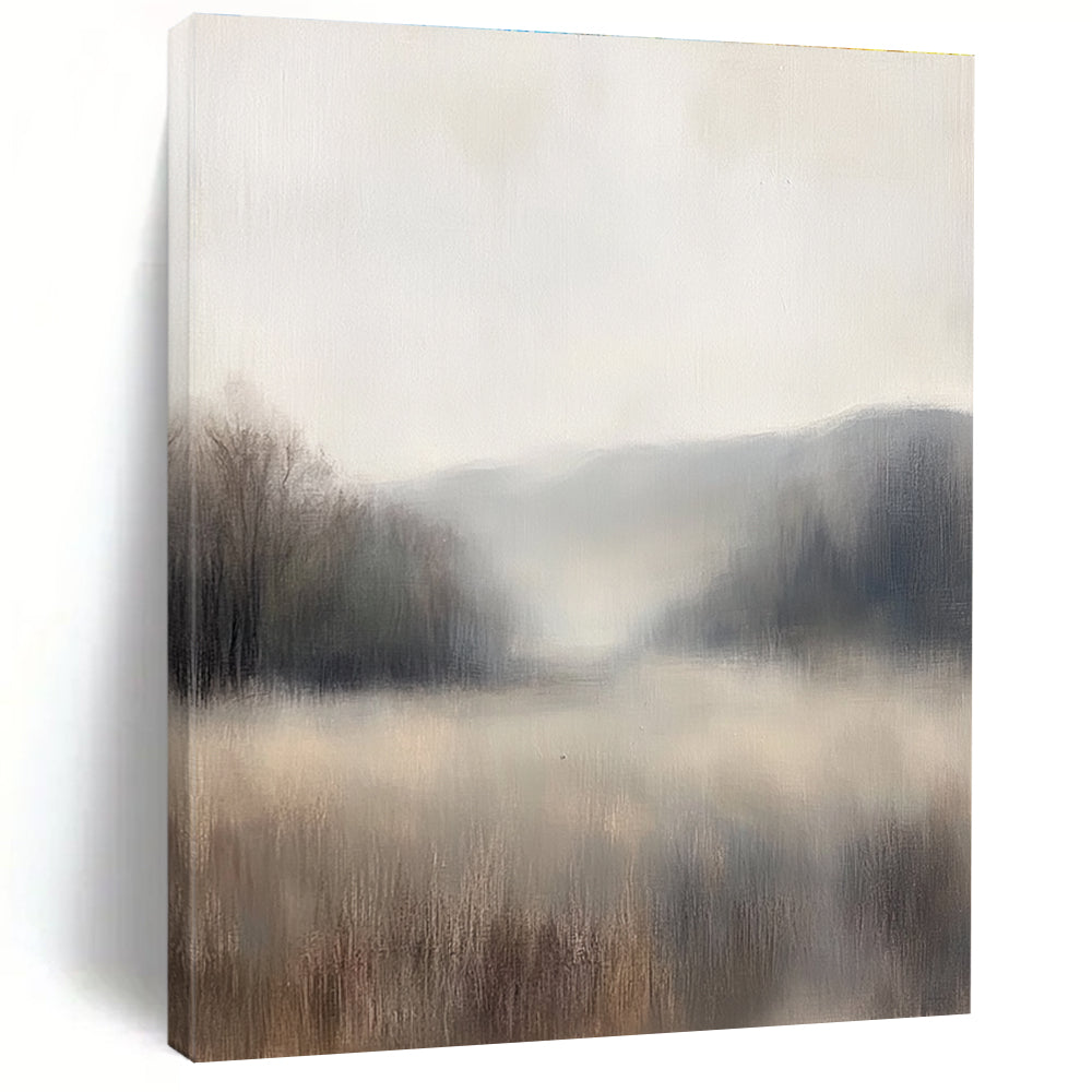 Large abstract painting of a misty landscape with muted neutral colors and soft focus that enhances a minimalist aesthetic.STSC869