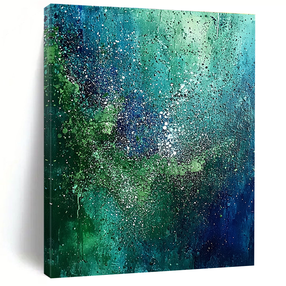 Abstract painting with green and blue hues featuring pointillist dots forest patterns and sparkling accents on a dark sky-blue backdrop.STSC066