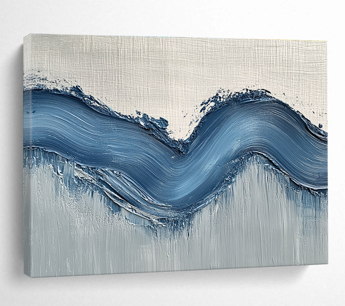 Large abstract painting with gentle blue hills on light gray wall, showcasing depth and movement for a modern aesthetic.SC453